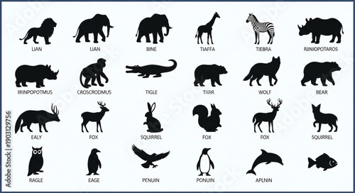 Collection of Diverse Animal Silhouettes on White Background.
