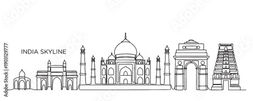India skyline continuous line drawing features the Taj Mahal, India Gate, and intricate temple architecture.