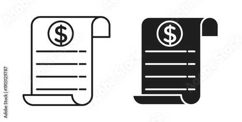 Receipt icons vector symbol with editable stroke and flat versions