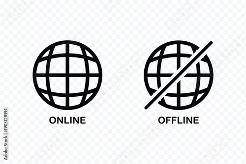 Internet connection status icon set. Online and Offline Internet Connection Icon set. showing online, offline, no signal, connected network states. globe icons with no signal and good signal symbols