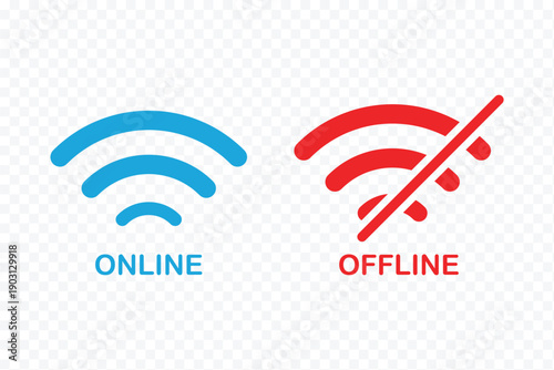 Set of Wi-Fi and no WiFi icons in, Wi-Fi signal: one connected and one crossed out for no internet connection and offline mode. wireless internet, network settings, devices, and technology. online off