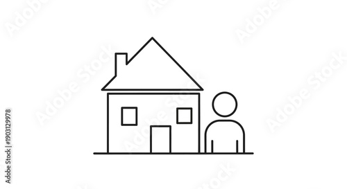 A simple line drawing of a person standing next to a house