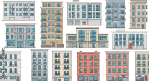 Collection of diverse apartment building facades and architectural styles.