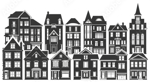Collection of diverse architectural building silhouettes in black and white.