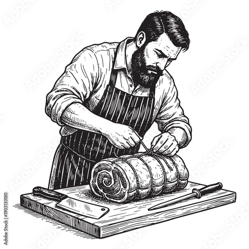 Traditional butcher preparing meat with sausages hanging in background in vintage woodcut illustration style.