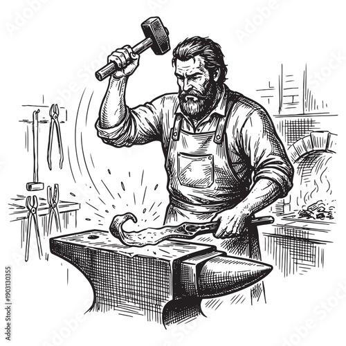 Strong blacksmith forging hot metal on anvil with hammer and sparks in retro woodcut style