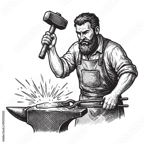 Strong blacksmith forging hot metal on anvil with hammer and sparks in retro woodcut style