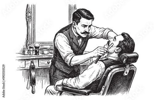 Vintage barber shaving customer with straight razor in salon chair in detailed retro etching style