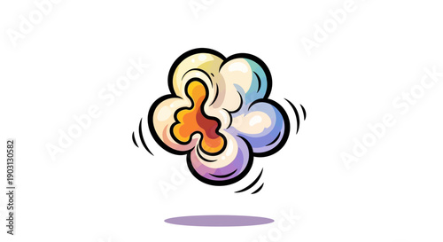 Vibrantly colored cartoon popcorn piece popping isolated on a clean white background, perfect for