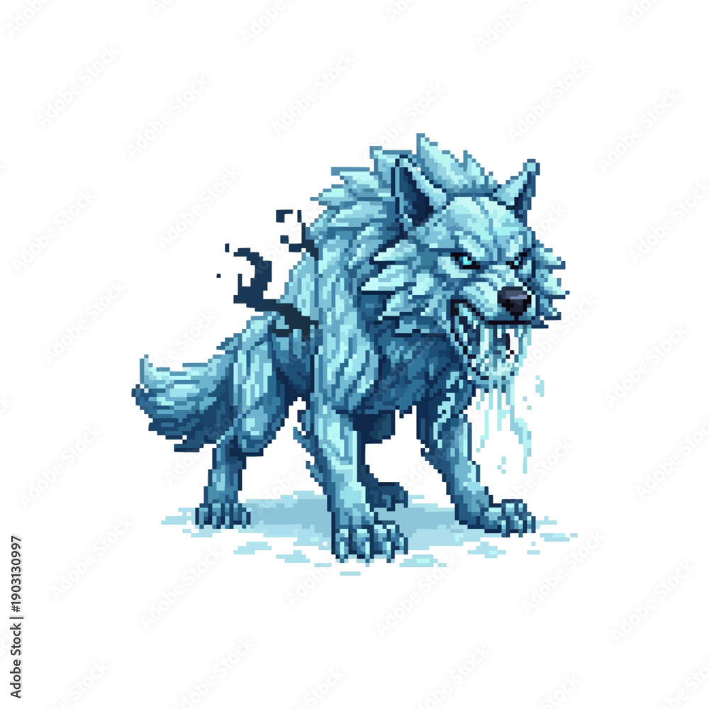 Naklejka premium pixel art ice wolf creature with frozen fur and glowing blue eyes in aggressive pose.