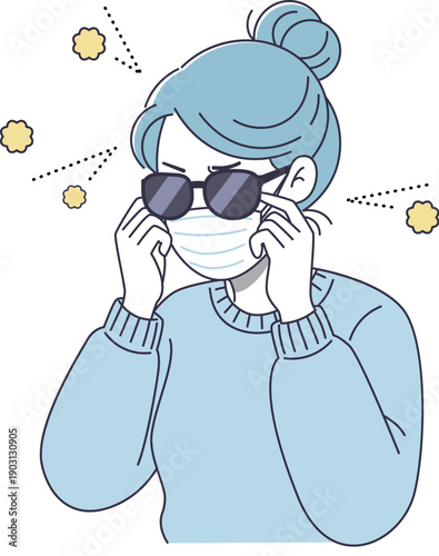 Vector illustration of a woman wearing a mask and sunglasses for hay fever protection