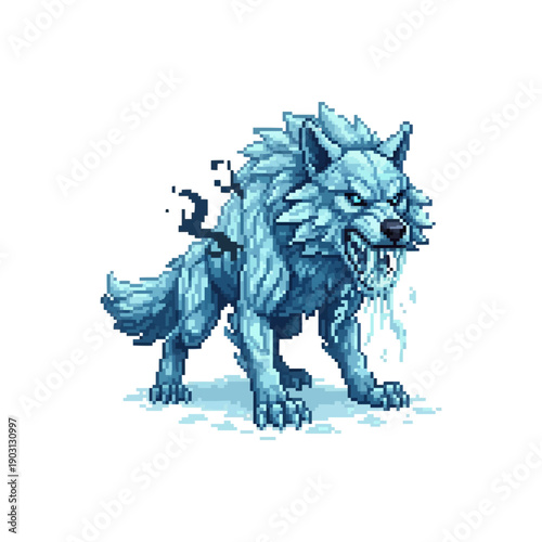 pixel art ice wolf creature with frozen fur and glowing blue eyes in aggressive pose.
