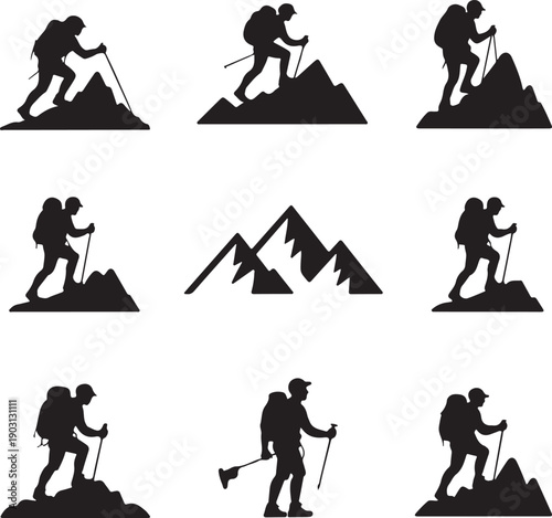 black silhouettes of people hiking on mountains with trekking poles
