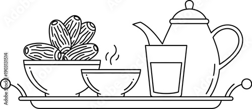 line drawing of a tray with a teapot a glass and two bowls of cookies