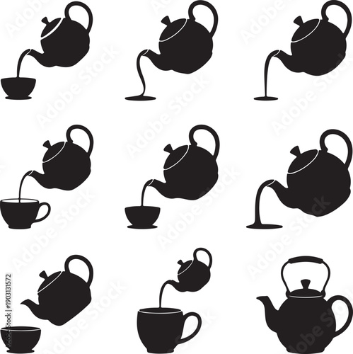 Black silhouettes of tea pots and cups on white background