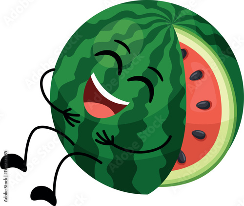 Laughing watermelon cartoon mascot. Fun summer emoji