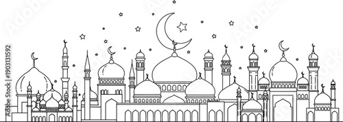 Islamic architecture with mosques and crescent moons at night  beautiful line art illustration