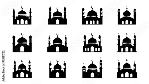 Collection of mosque silhouettes with domes and minarets on white background