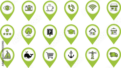 Green map pointer vector icon set with travel and utility symbols including coffee camera wifi and nautical icons for app maps or city guides