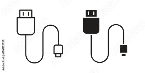 USB cable icons vector symbol with editable stroke and flat versions