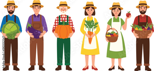 Friendly farmers vector set with harvest produce including pumpkins cabbage and carrots for organic farm branding or autumn festival posters