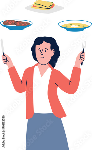 Hungry woman with excessive food appetite color character