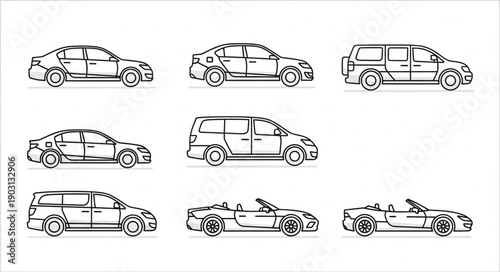 Collection of diverse car outlines in a simple line art style.