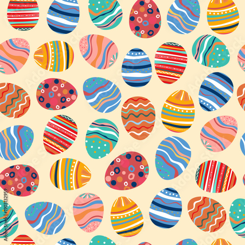 Seamless pattern of colorful decorated Easter eggs. Concept for holiday and spring festival celebrations, perfect for backgrounds or fabric printing.