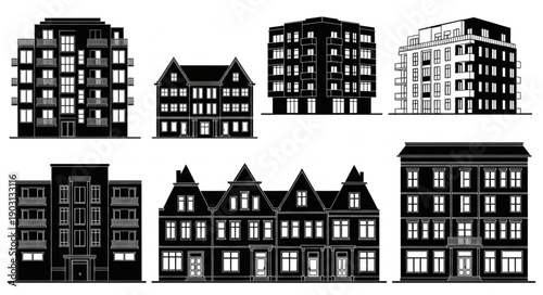 Collection of diverse building silhouettes in black and white.
