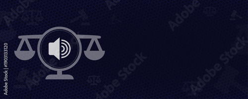 Noise protection law and media regulation vector concept with speaker icon on balance scales and copy space for sound pollution and free speech