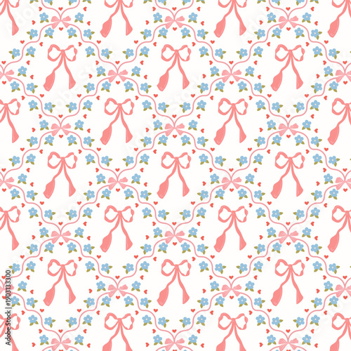 A delicate seamless pattern with light pink bows, small blue flowers, and tiny red hearts. A sweet background for children's textiles, greeting cards, and gift wrapping.