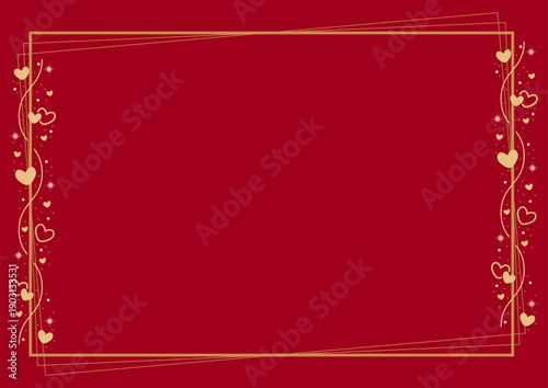 Yellow Gold Rectangular Border Frame Decorated With Love Hearts Pattern Ornament On Red Background