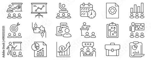 Business presentation icon set. Containing seminar, presentation, meeting, whiteboard, conference, business plan and more. Outline Icon Collection. Editable stroke. Vector illustration