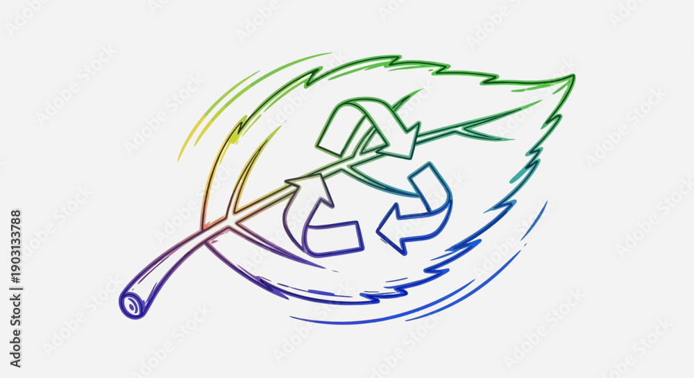 Fototapeta premium A vibrant hand-drawn leaf with a recycling symbol, representing environmental sustainability and