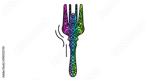 Colorful and intricately patterned fork utensil vector illustration with vibrant psychedelic