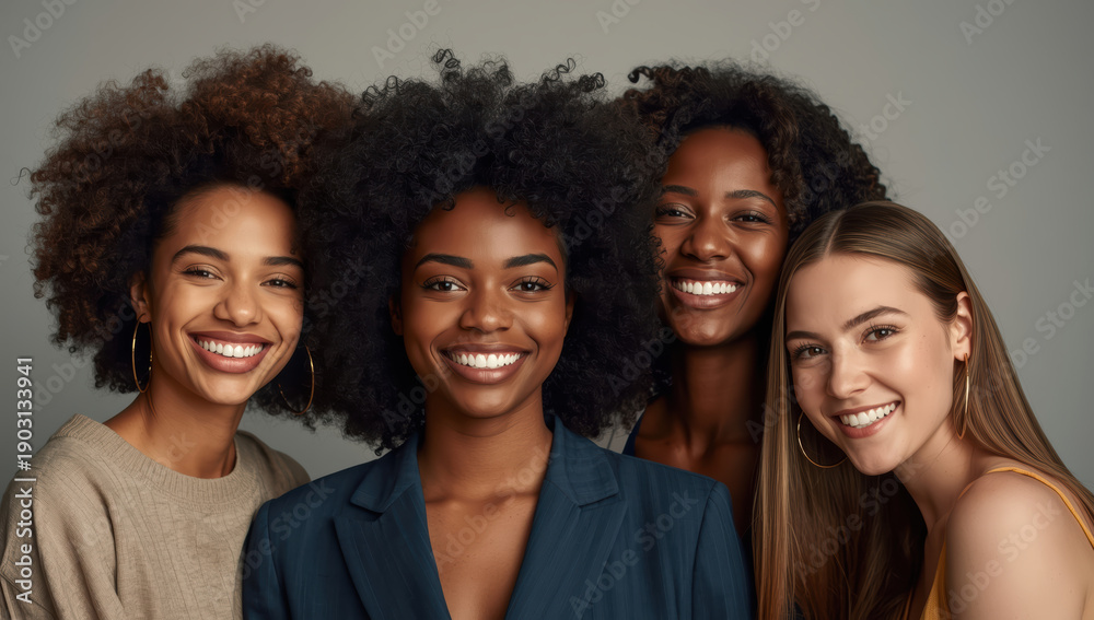 Obraz premium Smiling diverse group of four women with natural hair and casual clothing, warm joyful mood