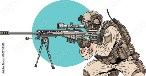 Modern tactical sniper aiming precision rifle in combat gear military illustration isolated on white background defense security operation concept
