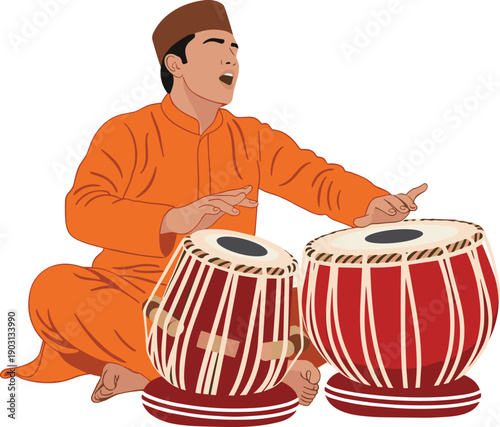 Traditional Indian musician playing tabla drums wearing orange kurta cultural performance illustration isolated on white background rhythmic music art