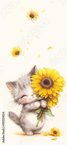 Cute Cat Holding Sunflowers