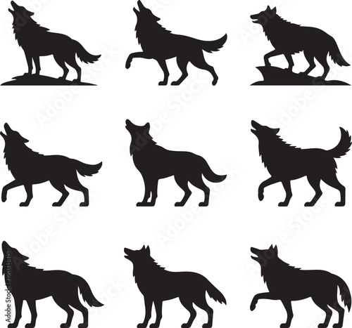 blacksilhouettesofwolvesinvariousposes