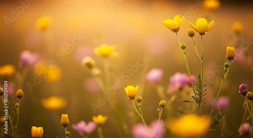 A close up view of vibrant yellow wildflowers blooming in a softly focused sun drenched meadow