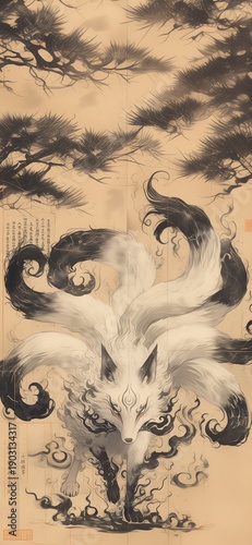Mythical Nine - Tailed Fox in Ink - Wash Style