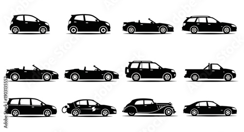 Collection of diverse car silhouettes in black and white.