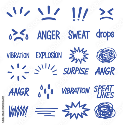 Angry Emotions Icons Set with Sweat Drops and Explosion Lines