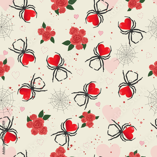 Seamless pattern red heart spiders, roses and webs on cream background, vector eps 10