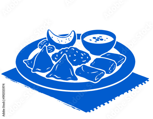 Indian cuisine food plate vector, samosa illustration, dinner, curry, rice, meal, icon, drawing, traditional, Asian food, blue monochrome art