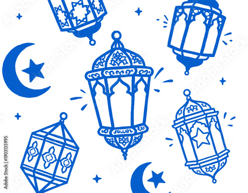 Islamic lantern pattern, blue fanoos background, ramadan kareem celebration illustration, crescent moon star doodle, arabesque light motif
