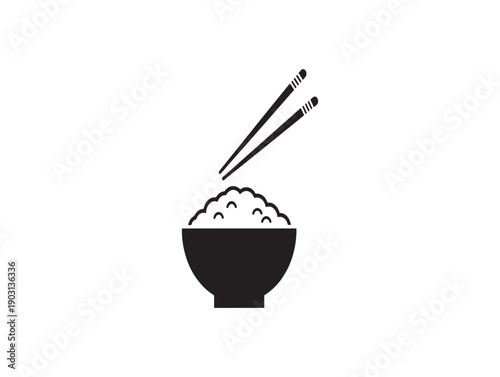 Simple black and white illustration of a bowl of rice with chopsticks