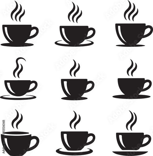 Set of black coffee cups on white background