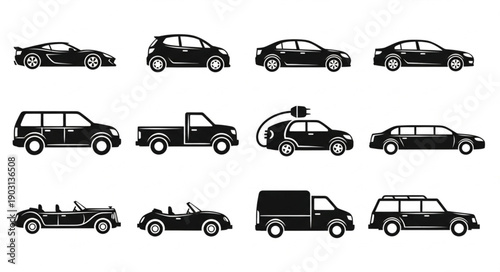 Collection of diverse car silhouettes in black and white.